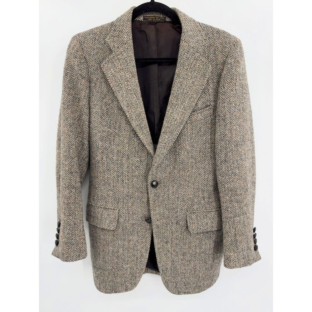 VTG HARRIS TWEED Light Brown Virgin Wool Houndstooth 2 Button Blazer Size 36S
